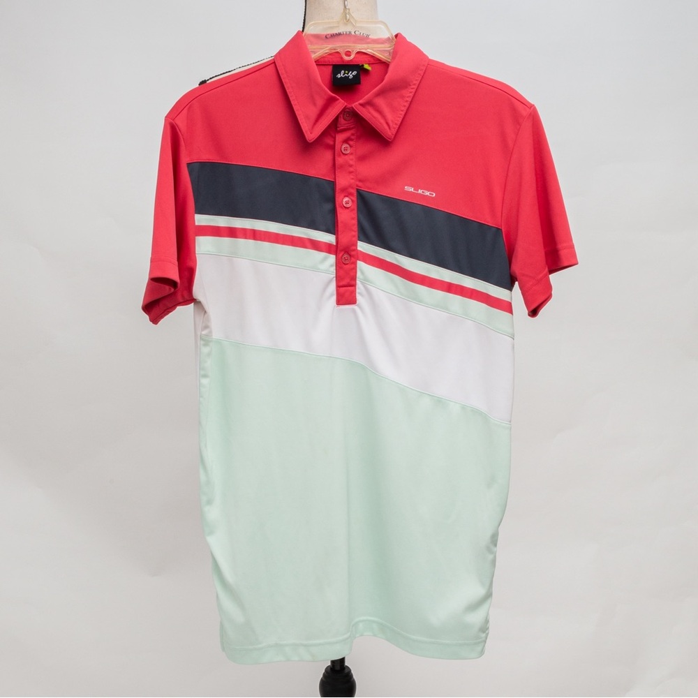 Sligo men's polo style golf shirt coral red, charcoal gray & light mint green S